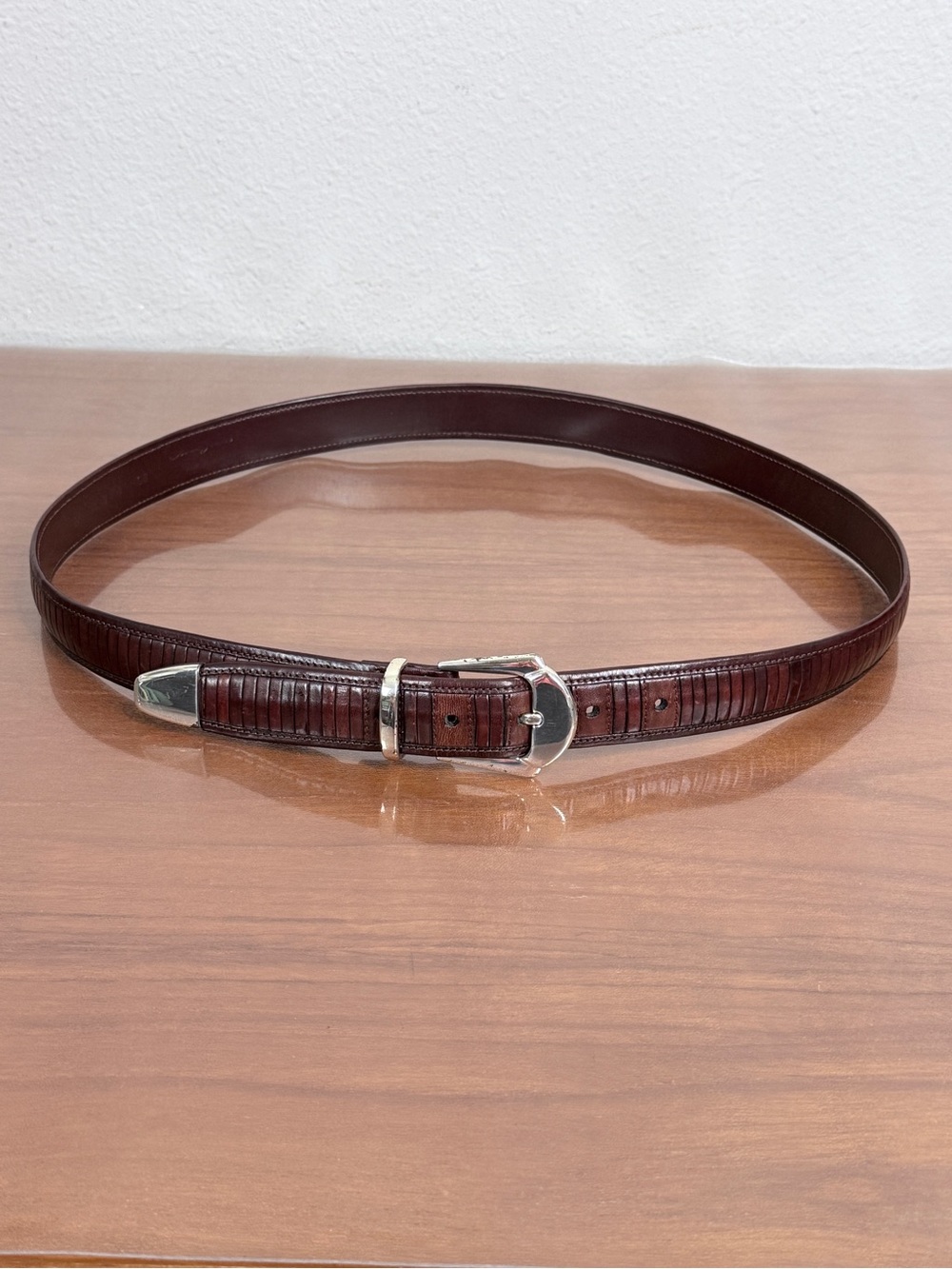 Mezlan Dark Brown Textured Leather Western Belt with Silver Buckle 38